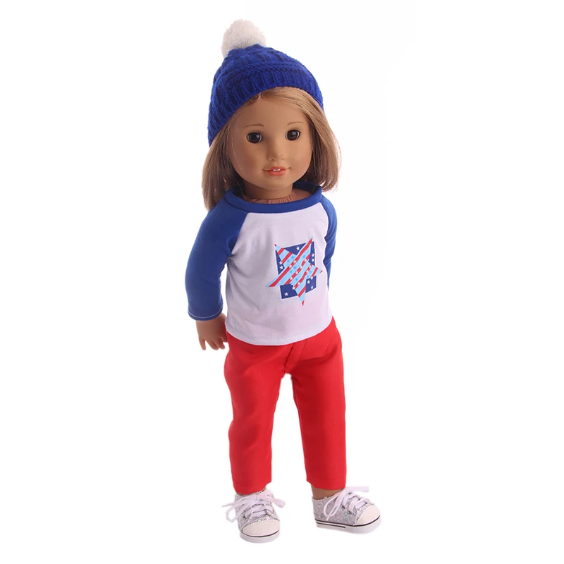 Кукольная одежда, крутые повседневные топы с рисунком пятиугольника, красные брюки+ шляпа для 18 дюймов, американская кукла и 43 см, кукла для новорожденных девочек(без обуви - Цвет: n800