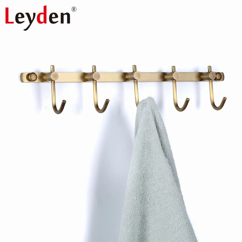 Leyden Coats Hooks Towel Rack Holder Antique Brass Brushed Bronze Wall Mount Classical All Copper Rustic Row Hooks with 5 Hooks