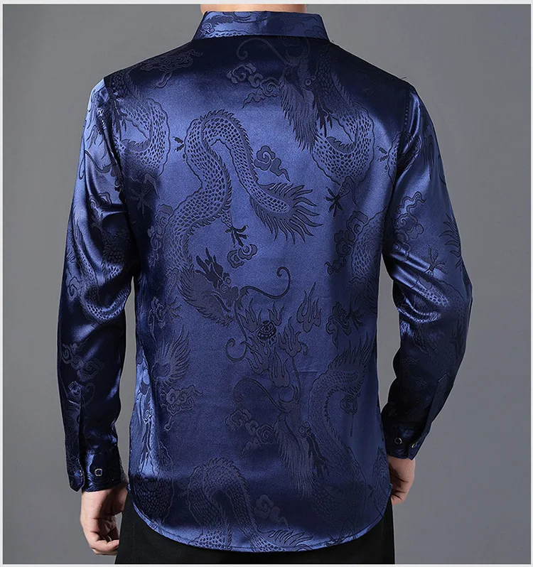 Мужская приталенная шелковая рубашка, атласная мужская рубашка-смокинг, китайский дракон, с принтом, мужская повседневная рубашка, Camisa Social Masculina 4XL