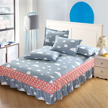 

Modern simple 3pc gray white clouds bedspread 100% cotton Pink Pentagon bed skirt pillowcase bedding bed sets queen king size