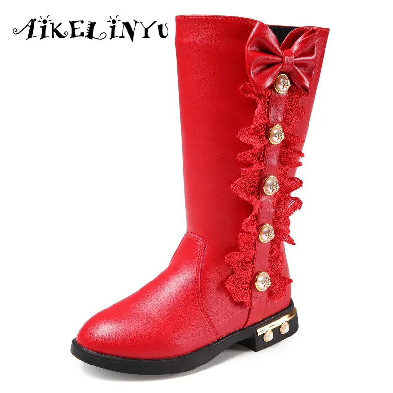 AIKELINYU Winter Girls Bow Knot Up Fashion Boots Kids Plush Cotton Boots Children Princess