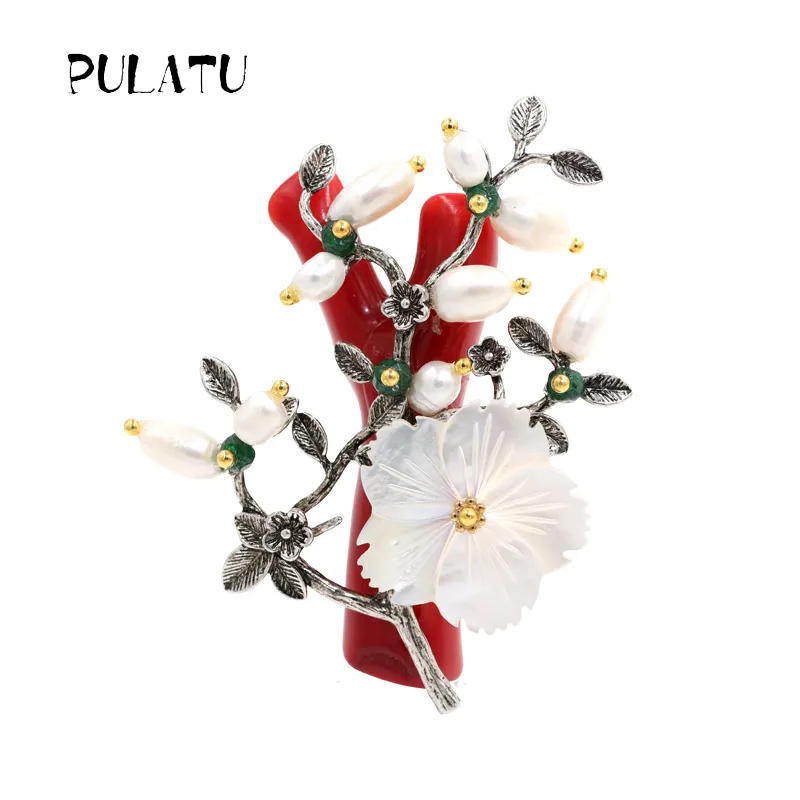 

Pulatu Handmade Natural Stone Brooches Women Natural Pearl Leaf Shell Flowers Coral Tree Branches Fashion Jewelry Brooch Pins