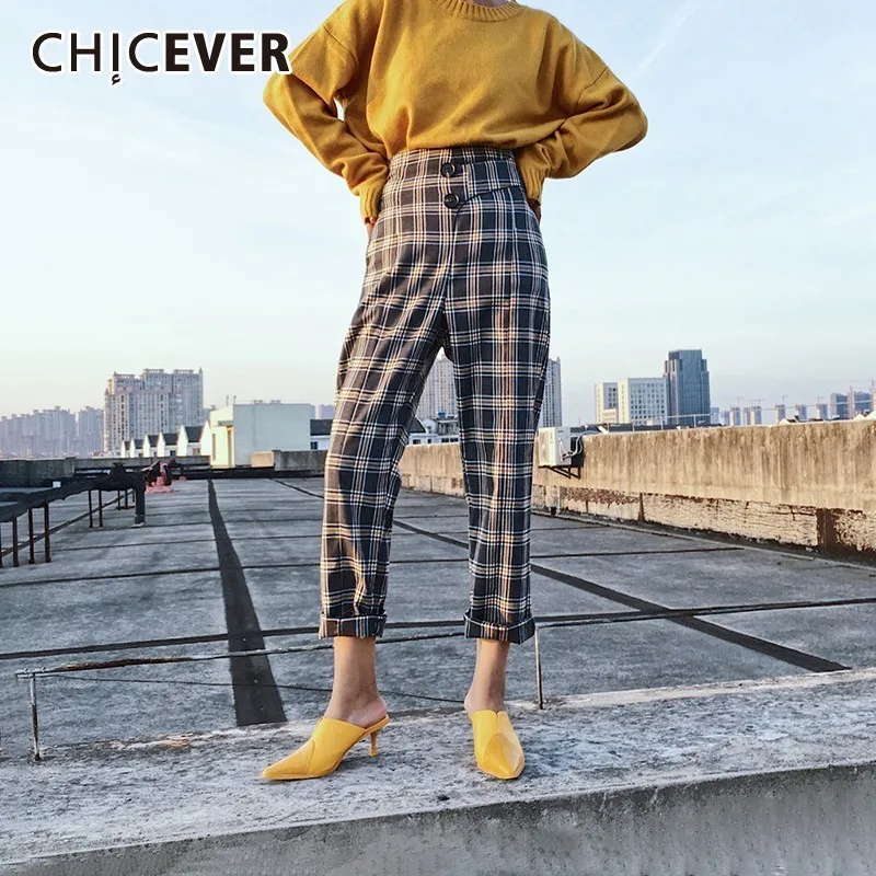 

CHICEVER Summer Vintage Plaid Pants For Women High Waist Slim Button Ankle-length Harem Pant Female 2019 Fashion New