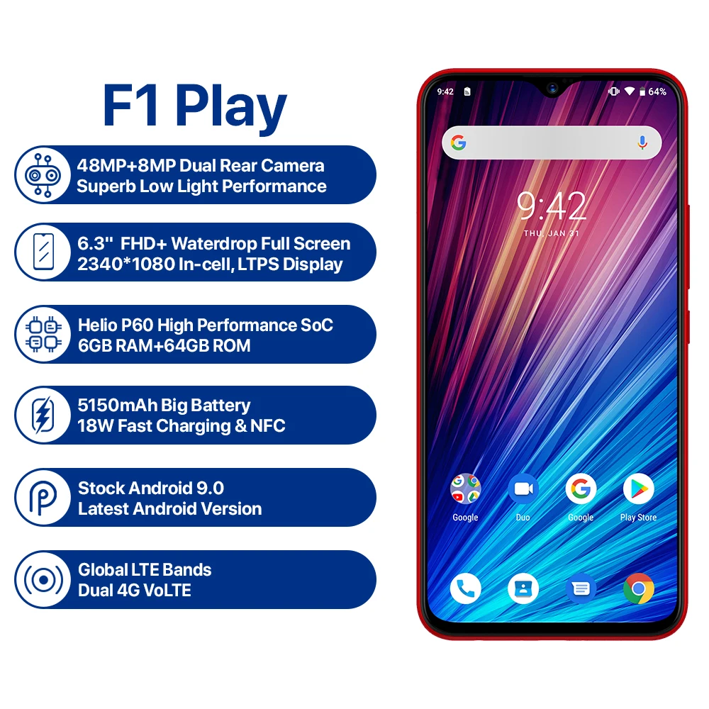 Мобильный телефон UMIDIGI F1 Play Android 9 0 6 ГБ ОЗУ 64 Гб ПЗУ 48мп + 8МП камера мобильный 5150 мАч