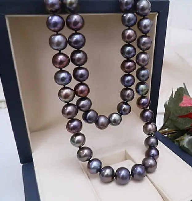 

charming 9-10mm Tahitian black red pearl necklace 38inch925 silver