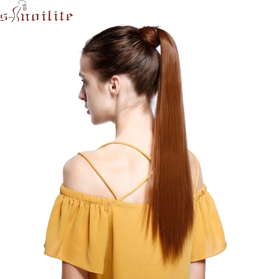 

S-noilite 26" Clip in Drawstring Ponytail Hairpieces for Women Hair Extension Silky Straight Synthetic Wrap Around Hair Tail Red