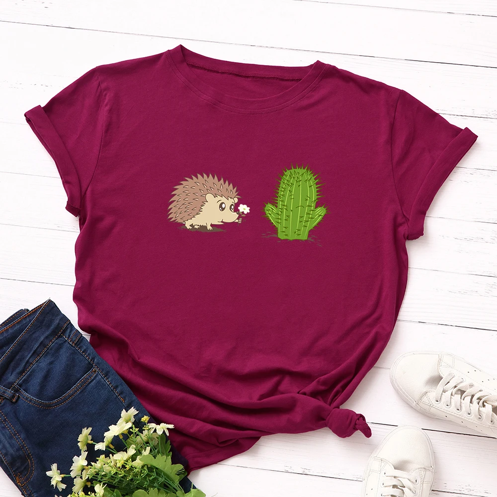 Женская футболка размера плюс, хлопок, футболка с принтом Ежика кактуса, топы с коротким рукавом, Повседневная футболка с графическим принтом, женская одежда - Цвет: Бургундия