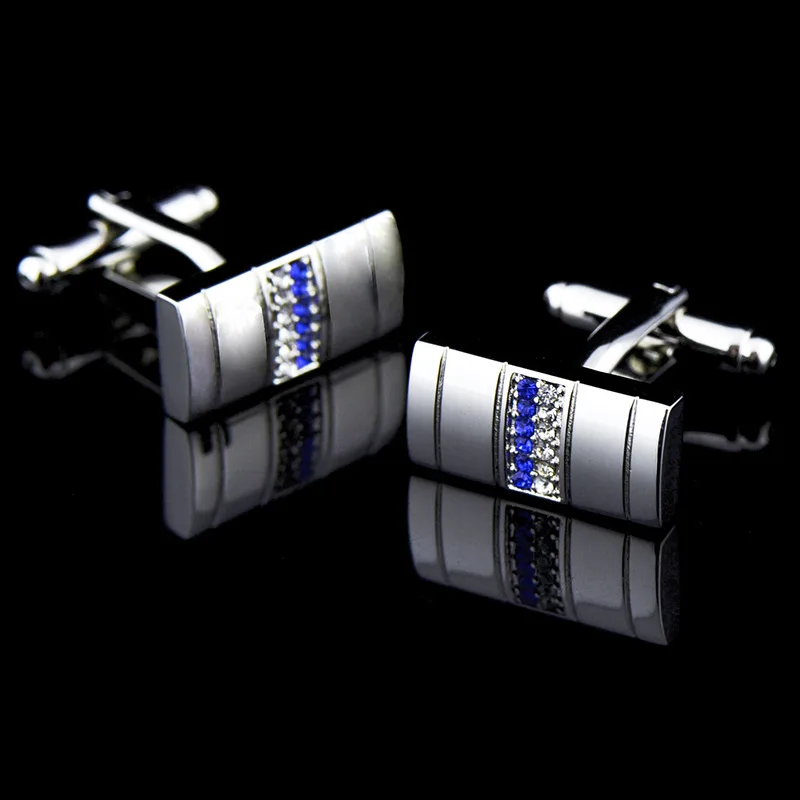 

Bridegroom Wedding Business Men French Shirts Cuff Links Blue White Crystal Zircon Cufflinks Silvery Cufflink With Gift Bag