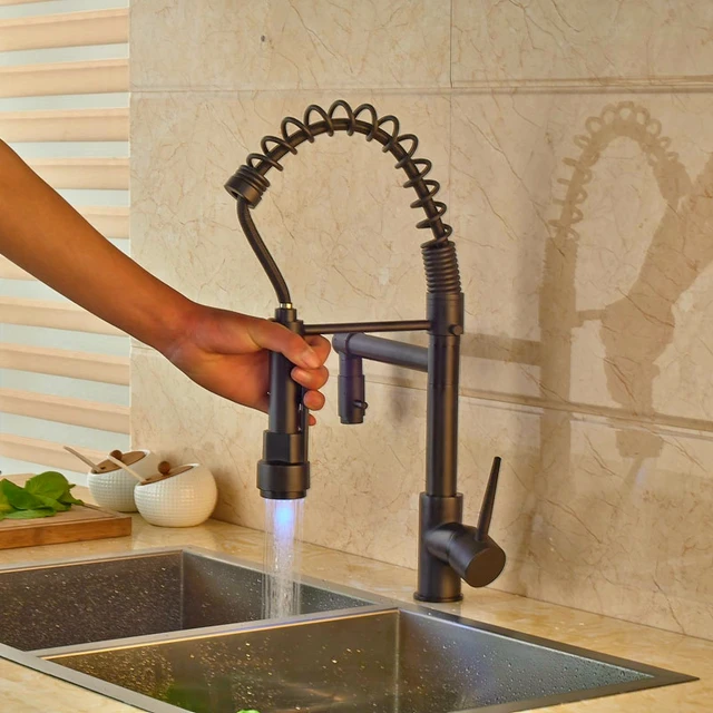 Best Offers Deck Mounted Oil LED Light Rubbed Bronze Kitchen Faucet Vessel Sink Tap Pull Out Spout Mixer Faucet One Hole