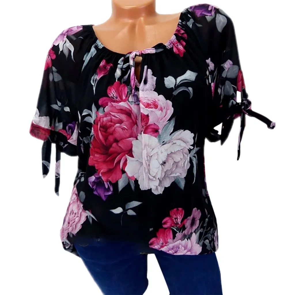 JAYCOSIN размера плюс, женская блузка с коротким рукавом, с принтом, с открытыми плечами, блузка, пуловер, топы, стильная Свободная Женская рубашка