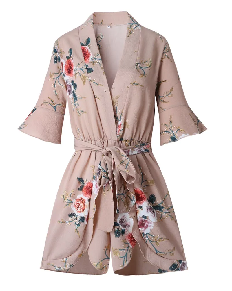 Hitmebox 2018 новый летний Для женщин Цветочный принт v-образным вырезом свободные пляжная кимоно Повседневное Flare рукав короткий комбинезон Ropmers