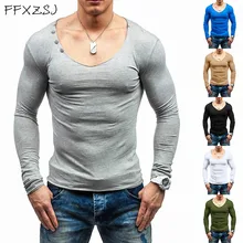 FFXZSJ T-shirt Men 2019 New Big Neck Bodybuilding T Shirt Solid Color Casual T Shirt Homme Long Sleeves Men Underwear Top Tees active style slimming long sleeves round neck quick dry close fitting logo print solid color cotton blend t shirt for men