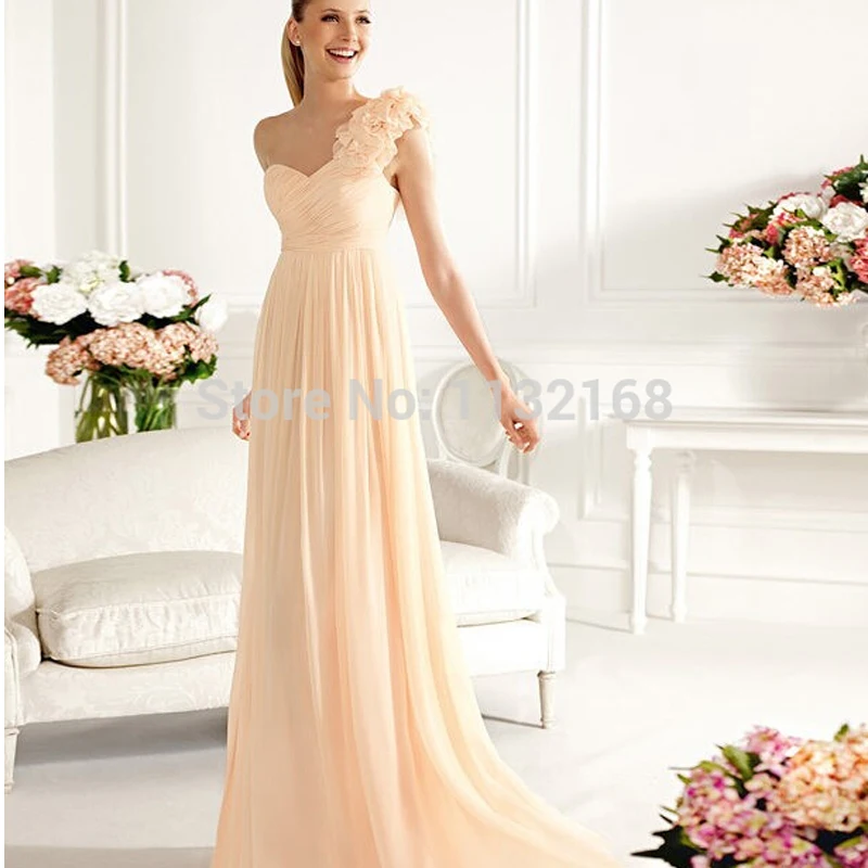 Hot sale  Elegant long peach one shoulder bridesmaid  