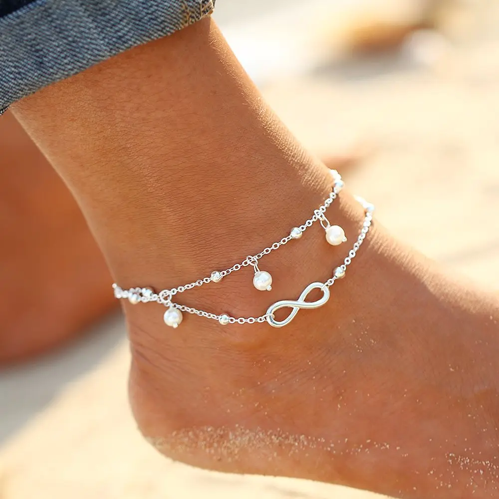 New Summer Vintage Foot Jewelry 8 Chain Simulated-pearl Anklets Women Gold Color Fashion Ankle Bracelet For Leg Beach Jewelry