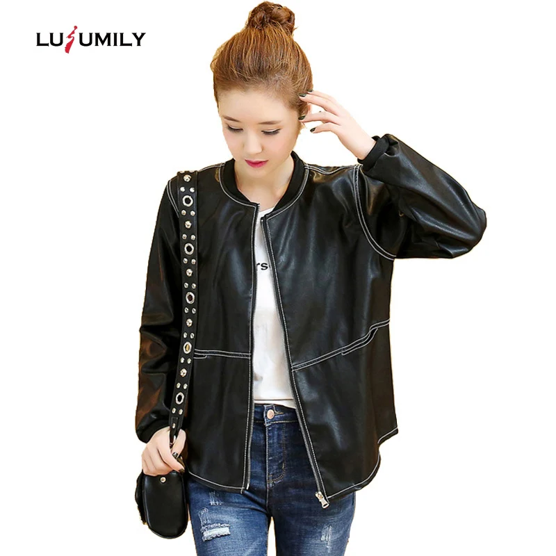 

Lusumily Autumn Winter Soft Pu Faux Women Short Leather Jacket Plus Size Outwear Zipper Fashion Windbreaker Loose Korean Coat