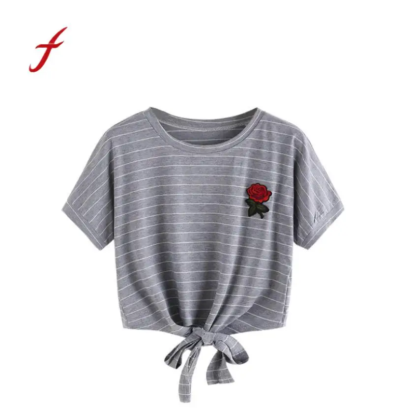 

feitong Women Halter Appliques Rose Short Sleeve Casual T Shirt Crop Tops Female Girls Fashion Stylish Stripe Strap Clothes