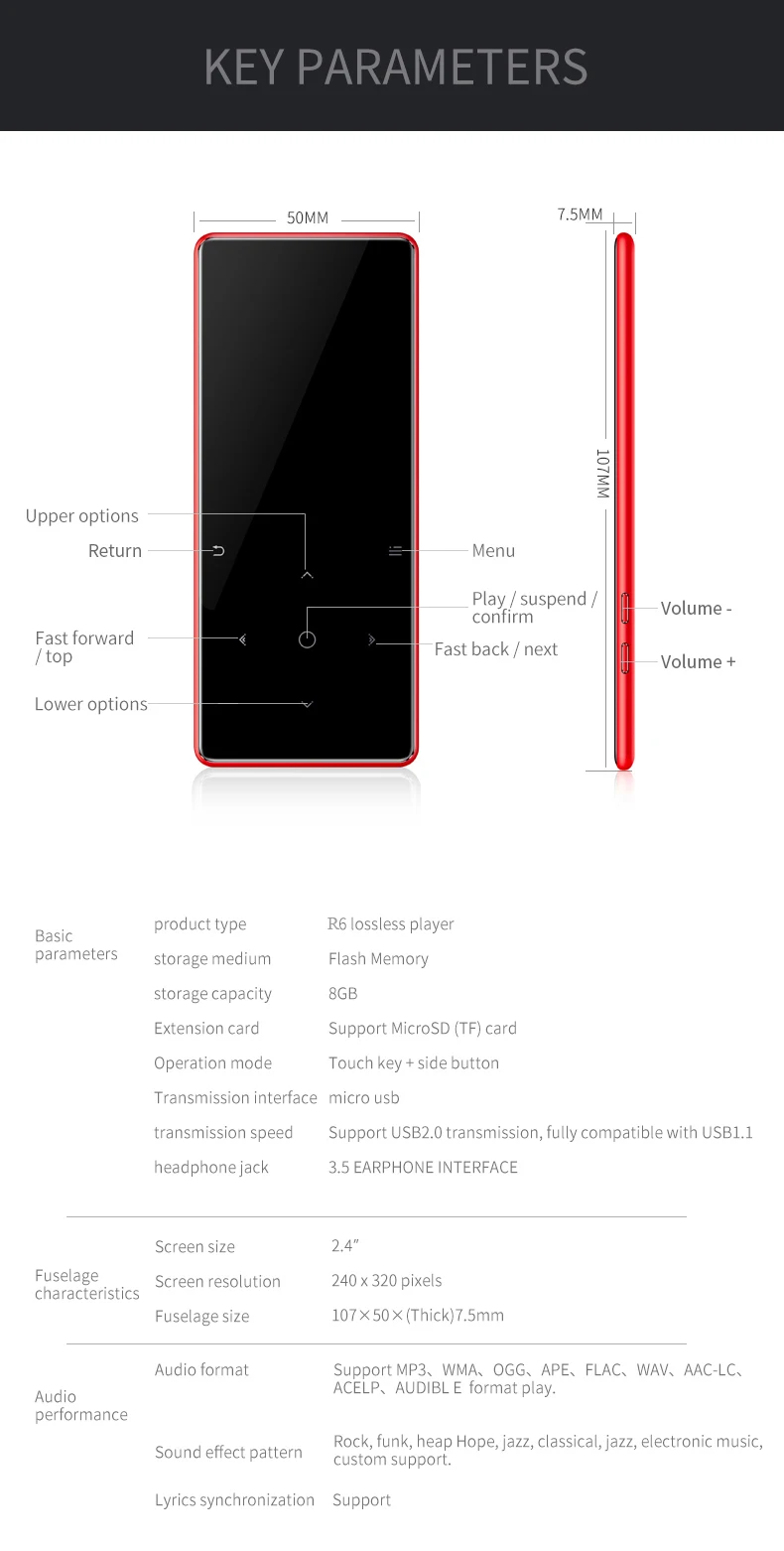 MP3 плеер bluetooth 4,2 динамик сенсорные клавиши hi fi fm радио мини USB mp3 Спорт MP 3 HiFi музыкальный плеер портативный металлический walkman 8G