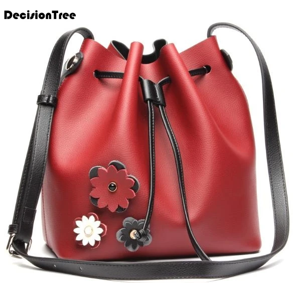 

New Elegant Individual Flowers Female Bucket Bag Fashion Vintage Genuine Leather Shoulder Bag Exquisite Lady Messenger Bag C484