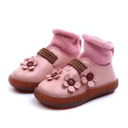 Зимняя обувь для малышей, сапоги для девочек, бархатные внутри теплые туфли с цветочным узором, детские кожаные ботинки для маленьких