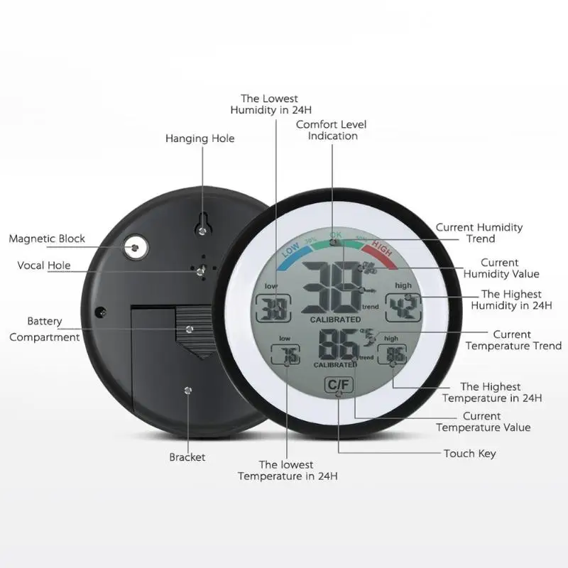 Круглый ЖК-сенсорный экран комнатный измеритель влажности Метеостанция цифровой Подсветка сенсорный экран часы термометр