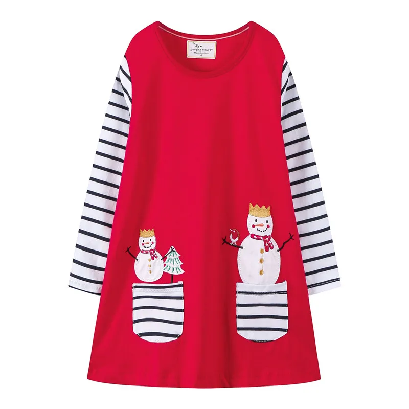Jumping meter/праздничные платья принцессы для девочек; хлопковые рождественские платья с длинными рукавами; одежда для малышей с аппликацией снеговика; осеннее платье