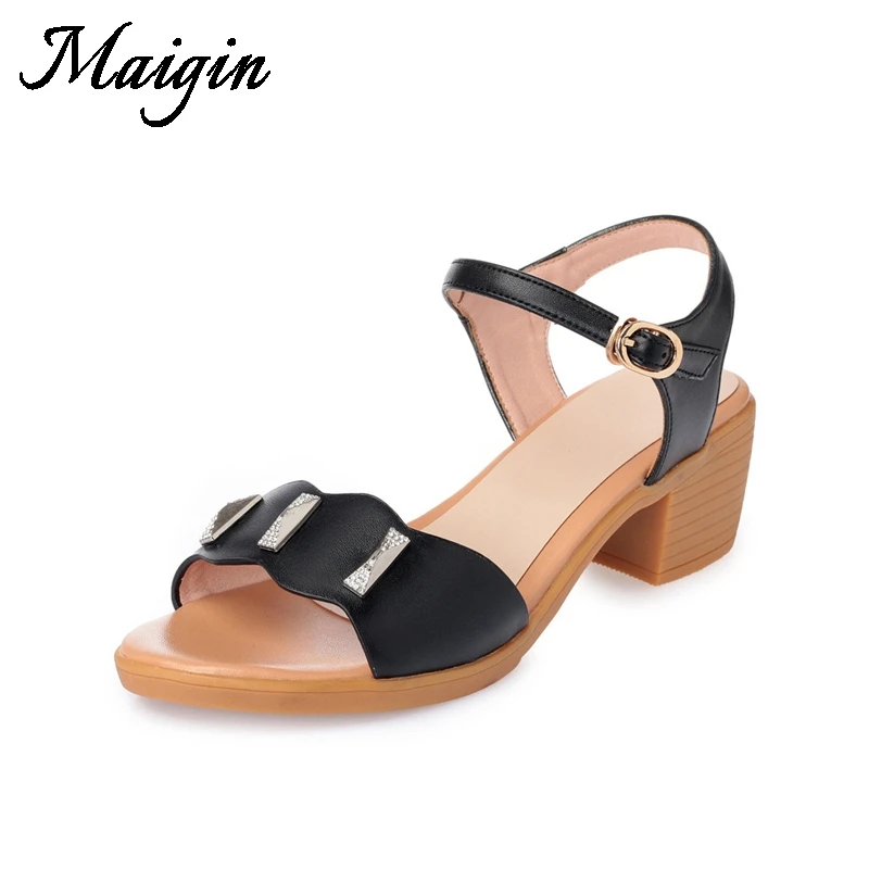 Maigin High Quality Women Sandals 2018 New Genuine Leather Shoes Women Block Heels Summer Sandals Thick Heel Ladies Casual Shoes