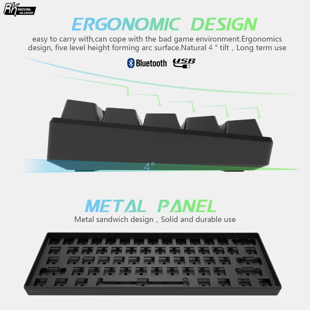 RK Королевский клудж RK61 беспроводной Bluetooth Механическая игровая портативный 60% Клавиатуры 61 Ключи подсветка, темно-синий, коричневый, красный переключатель