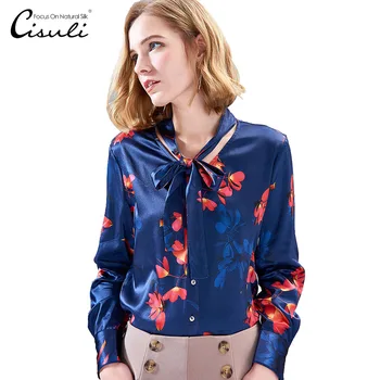 

CISULI Silk Blouses Women Shirt Silk Satin Blouses Long Sleeve Plus Size 5XL Pearl Glossy Shirts