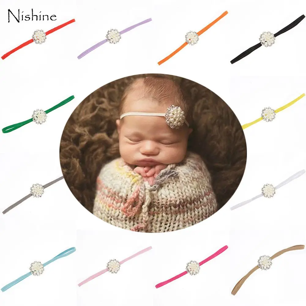 NISHINE Shiny Pearl Rhinestone Button with Elastic Hairband Headband for Girls DIY Crafts Hair Decoration Newborn Headwear topqueen heavy handmade shawl clothing patch rhinestone tassel applique wedding party dress back decoration sp59