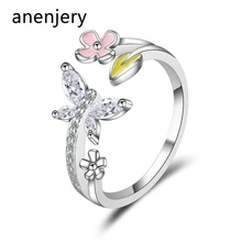 Anenjery сладкий AAAAA циркон бабочка любовь цветок 925 пробы серебряные кольца для женщин подарок 17 мм регулируемый Bague S-R386