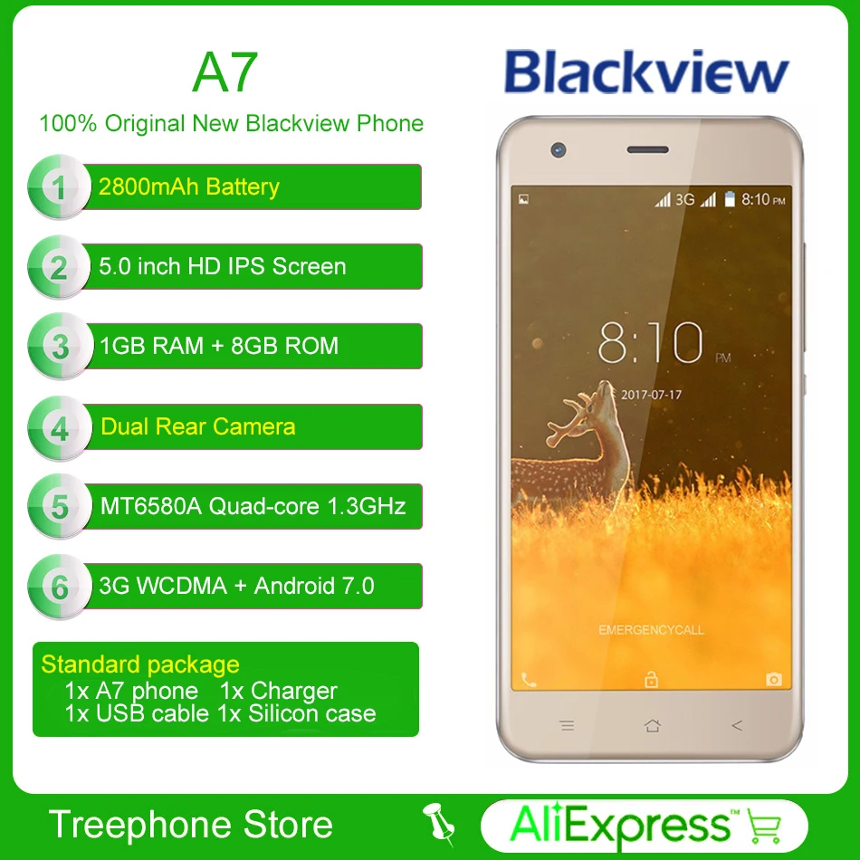 Оригинал Blackview A7 мобильный телефон 3G MTK6580 четырехъядерный 5 0 дюймов ips HD 1 ГБ
