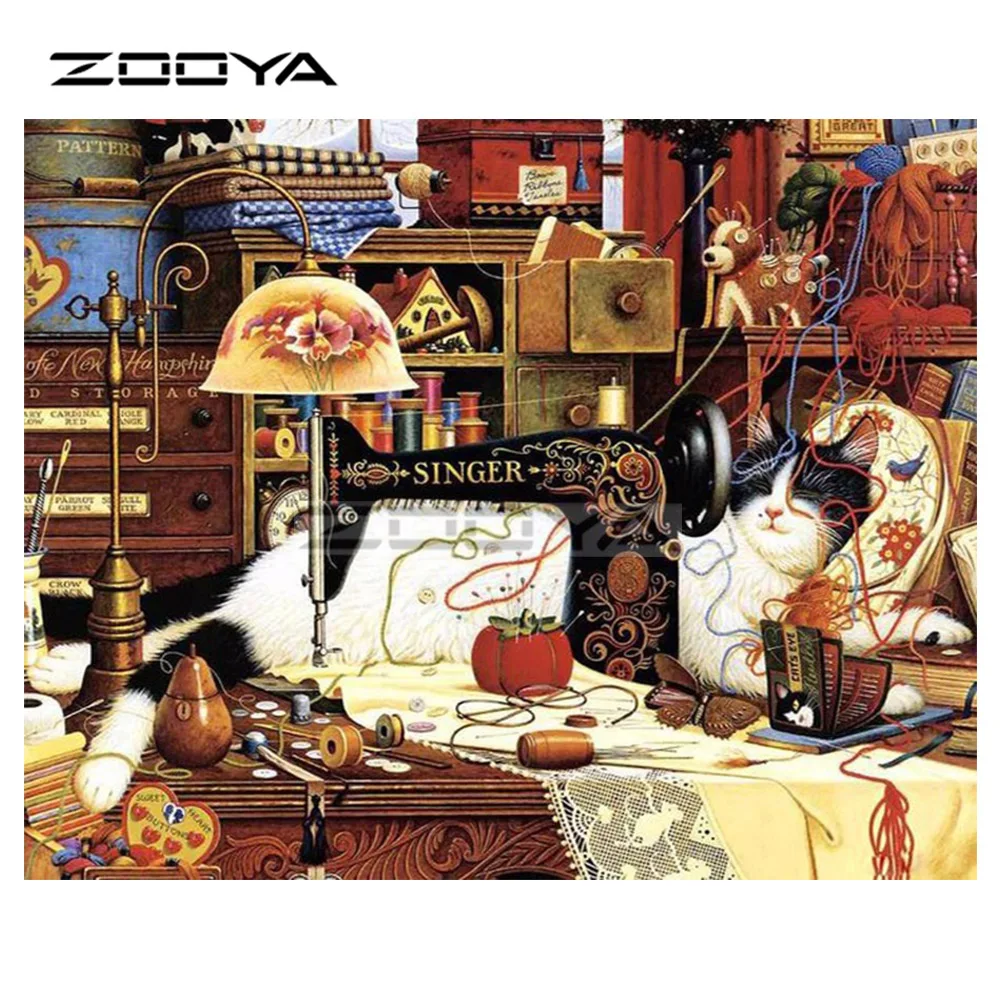 

ZOOYA 5D DIY Diamond Embroidery Sewing Machine and Cat Animal Diamond Painting Cross Stitch Square Mosaic Decoration BK634