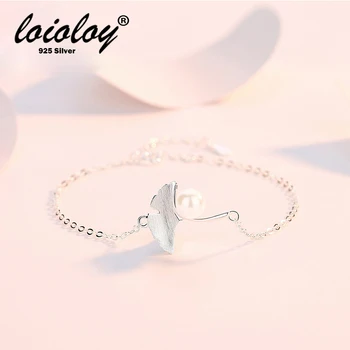 

Loioloy Genuine 925 Sterling Silver Bracelet For Women Ginkgo Biloba Seashell Pearl jewelry Bracelet Female