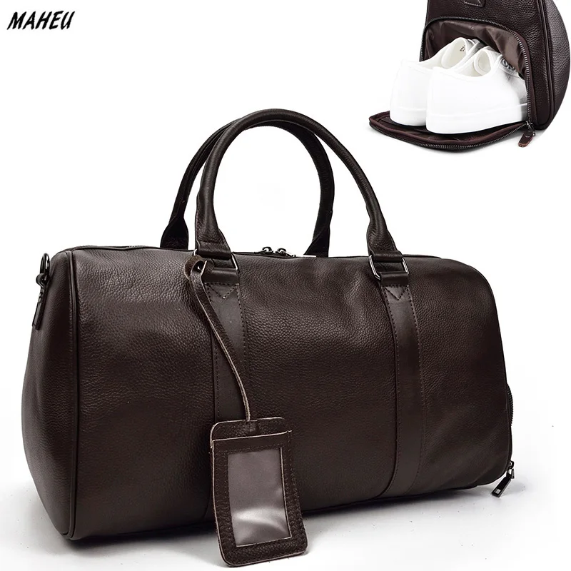 MAHEU 100% Genuine Men Leather Travel Bag Cowskin Big Duffel Large Capacity Bag For Shoes Black ...