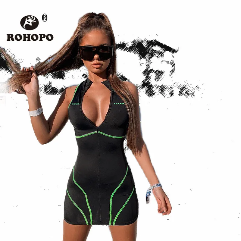 

ROHOPO Women Bodycon Sleeveless Dress Rock Fashion Zipper Fly Woman Sheathe Sweat Dress Pin up Sexy Mini Dress Streetwear