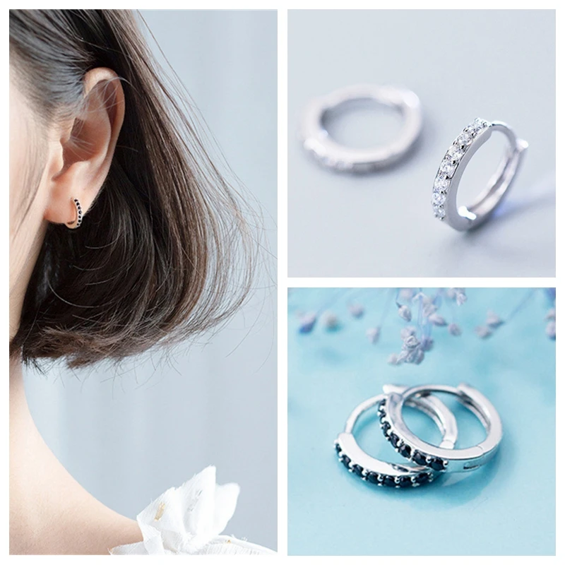 

925 Sterling Silver Zircon Hoop Earrings for Women CZ Crystal Rhinestone Small Circle Earring Female Jewelry C35