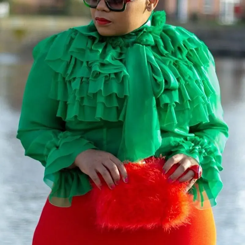 Elegant Office Lady Plain Standard Blouse Green Ruffles Long Sleeve Summer Women Tops Blouse 2020 Shirts Female Falbala Shirts - 4.0005E+12