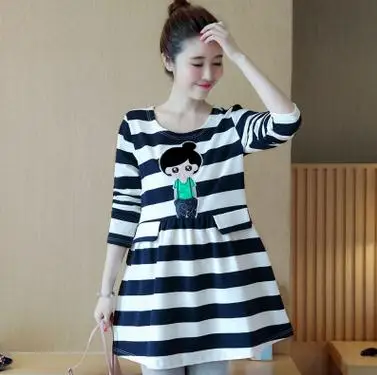 Striped Cartoon Head Picture Long Sleeve Maternity Dress 2019 Spring Autumn Korean Maternity Clothes for Pregnant Women QL5856