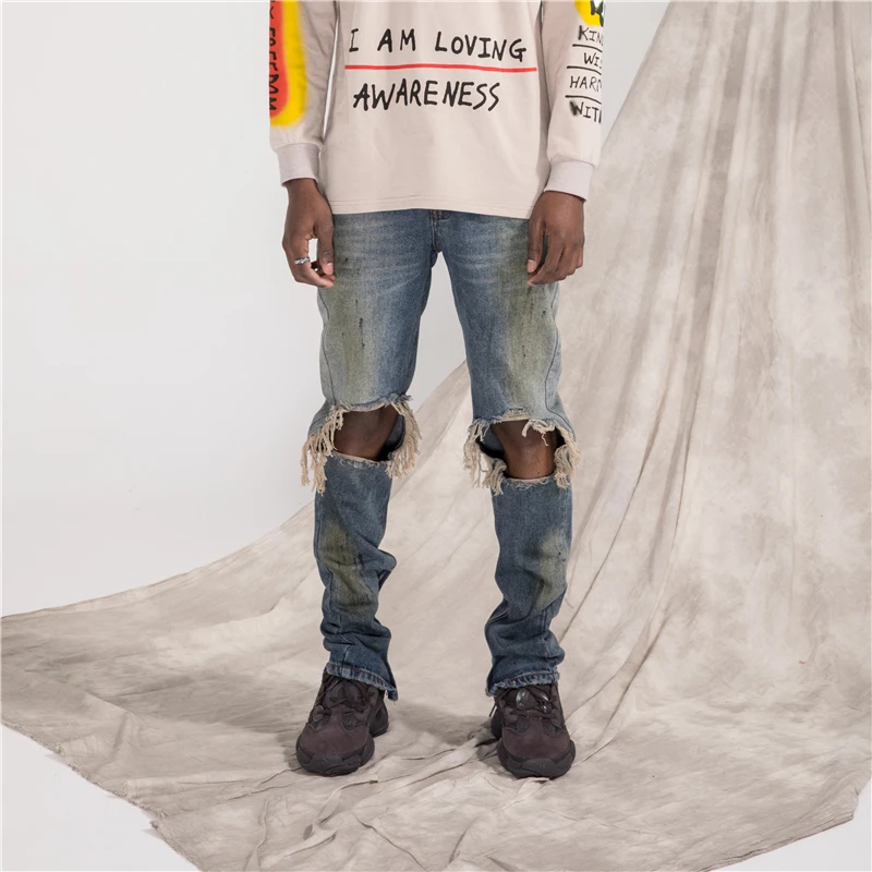 Kanye west рваные Синие рваные джинсы Канье Уэст мужские джинсовые штаны