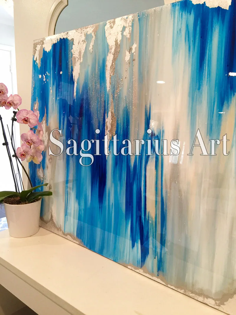 

Hand Painted Modern Abstract-Painting-blue,Coat--real-gold-leaf Sil Oil Painting Canvas Living Room Artwork