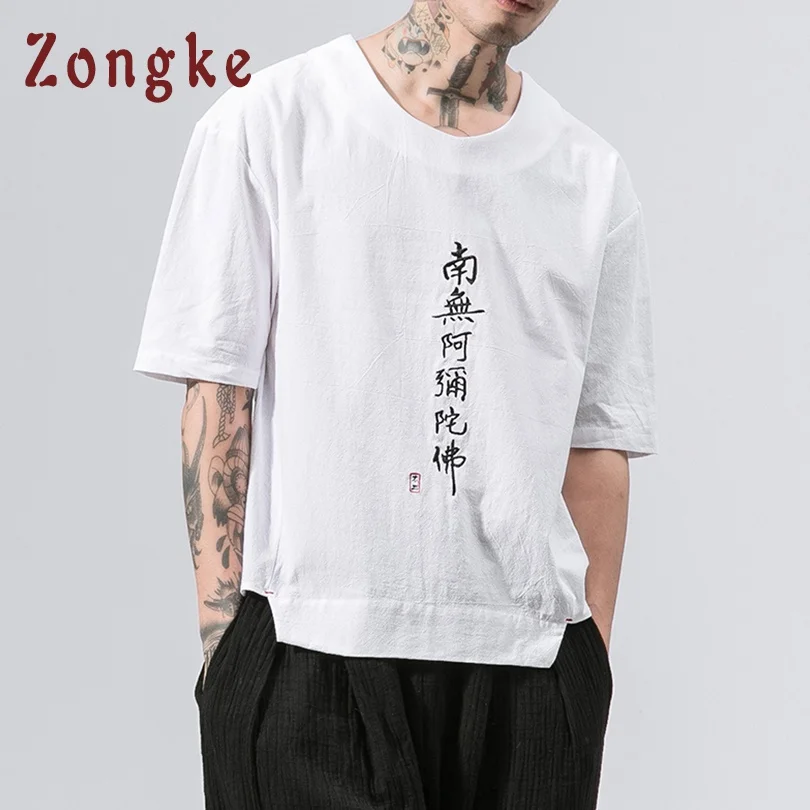 

Zongke Chinese Style Embroidery Cotton Linen White T Shirt Men Tshirt Men T Shirt Harajuku Men T-Shirt Streetwear Hip Hop 2019