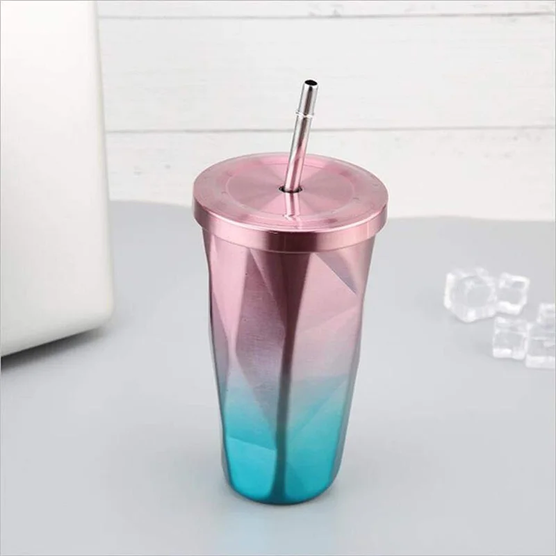 

Fashion 500ml Stainless Steel Tumbler with Straw Gradient Color Double Wall Drinking Cups Coffee Mugs @LS AP16