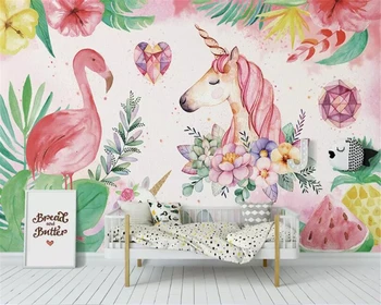 

beibehang wallpapers for living roomChildren's room wallpaper Nordic simple flamingo unicorn photo mural wallpaper for walls 3 d