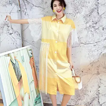 

Yellow Lace Shirt Dress Stylish Irregular Half Sleeve Button Dress Summer Women Vestidos De Verano