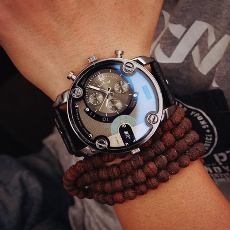  2019 New Blue Glass Big Dial Black Leather Quartz Men Watches Fashion&casual Watch Sports Out Door 