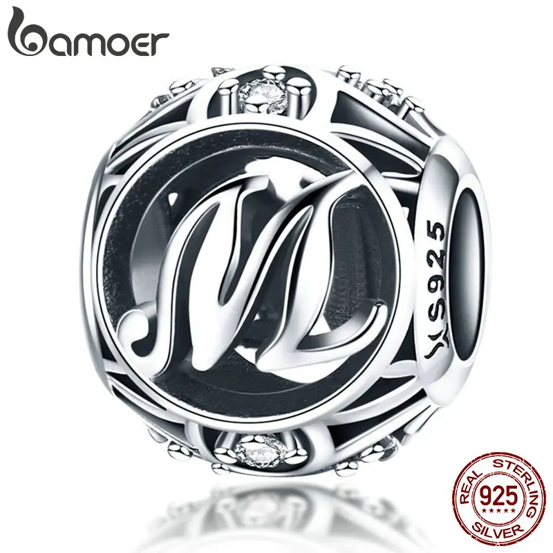 BAMOER Authentic 925 Sterling Silver Vintage A to T, Clear CZ Alphabet Letter Beads Fit Charm Bracelets DIY Jewelry SCC738