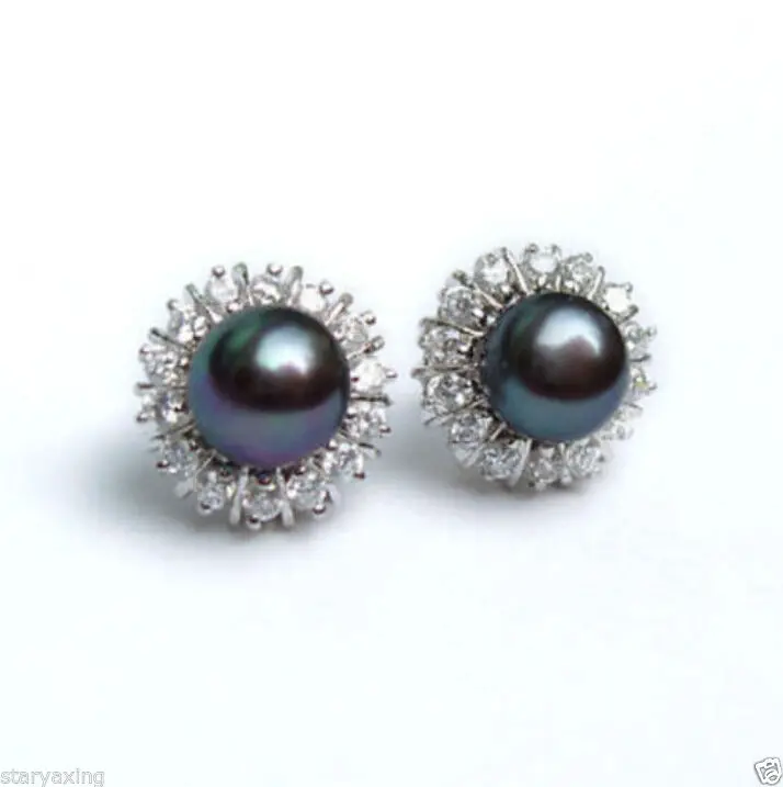 

Free Shipping >> Cultured 8-9mm black pearl stud earrings