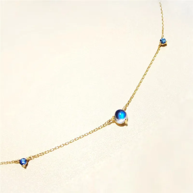 Aazuo 18K Yellow Gold Necklace Real Natual Moonstone Blue Sapphire Diamond gift for Women Valentine's Day Gift Link Chain Au750