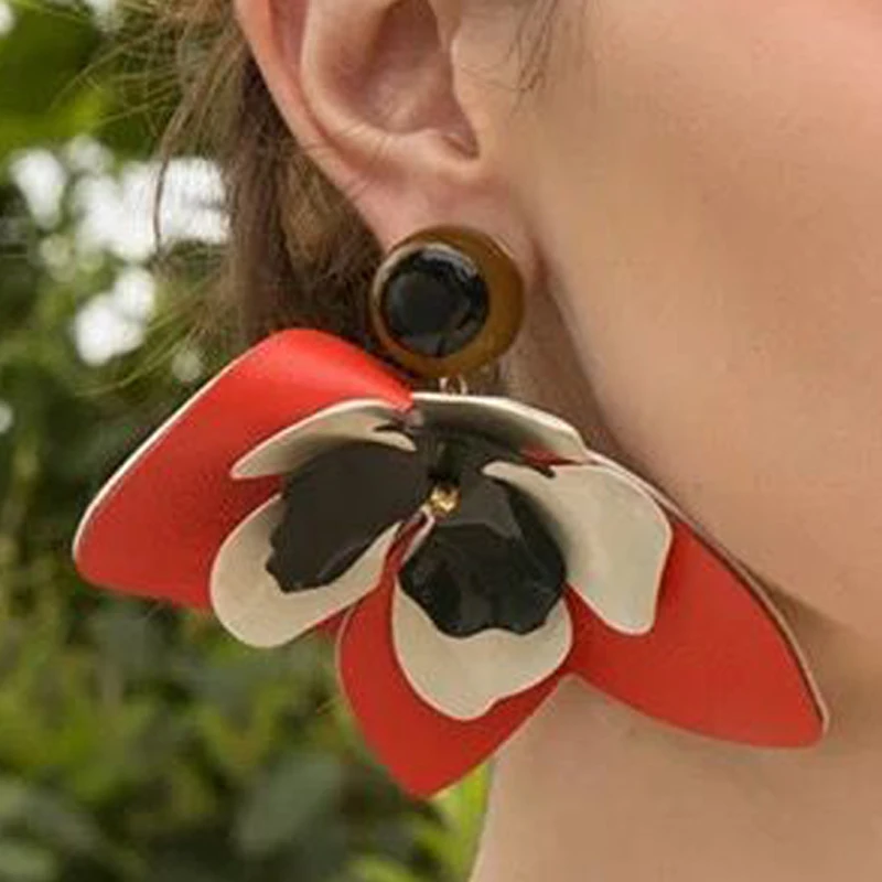 

Charm Statement Flower Floral Dangle Drop Earrings White Red Black Big Long Punk Leather Earrings For Women Party Jewelry