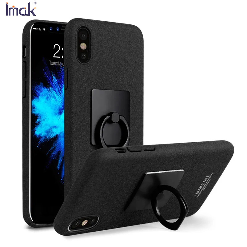 IMAK for Apple iPhone X/10 Ring Holder Kickstand Matte Hard Case + Screen Protector - Black |